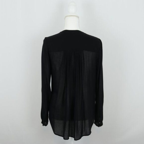 Lucky Brand Women's Small Black Semi-Sheer Pleated V-Neck Button Up Shirt - Picture 3 of 6